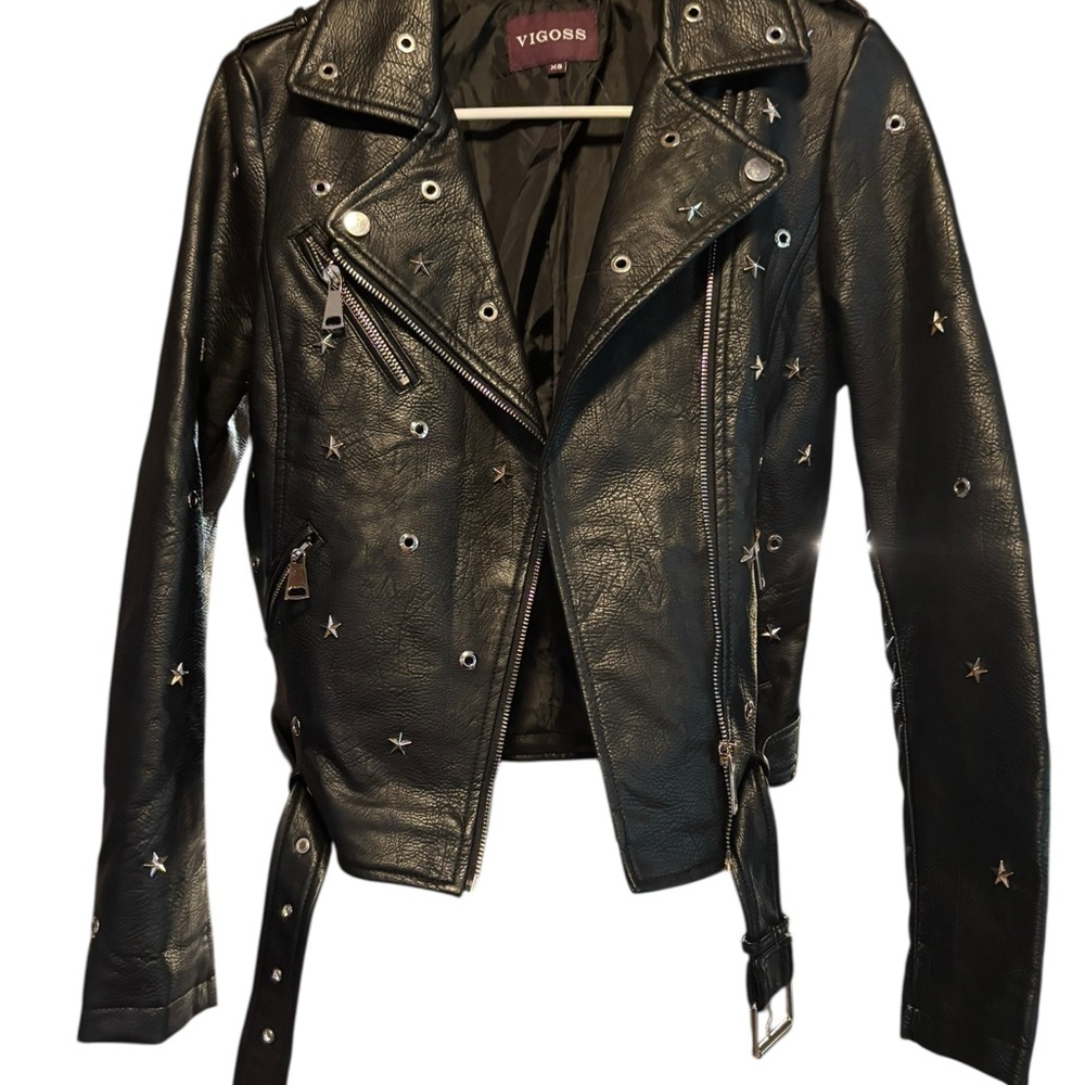 Vigoss Black Leather Motorcycle Jacket with Studs